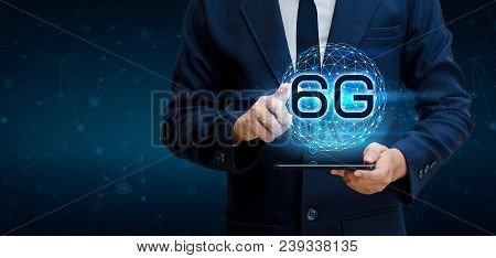 Phone 6g Earth Businessman Connect Worldwide Waiter Hand Holding An Empty Digital Tablet With Smart 