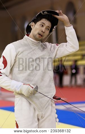 ST. PETERSBURG, RUSSIA - MAY 4, 2018: Chen Li, China in first competition day of Fencing World Cup Saint-Petersburg Foil. This annual tournament is hold in 44th time
