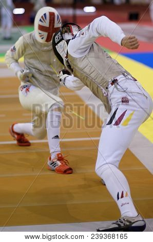 ST. PETERSBURG, RUSSIA - MAY 4, 2018: Peter Joppich, Germany vs Dominic De Almeida, Great Britain in first competition day of Fencing World Cup Saint-Petersburg Foil. Tournament is hold in 44th time
