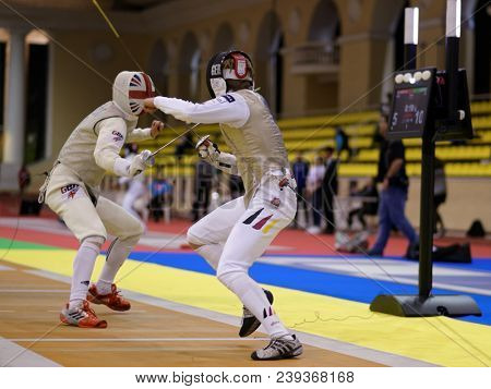 ST. PETERSBURG, RUSSIA - MAY 4, 2018: Peter Joppich, Germany vs Dominic De Almeida, Great Britain in first competition day of Fencing World Cup Saint-Petersburg Foil. Tournament is hold in 44th time