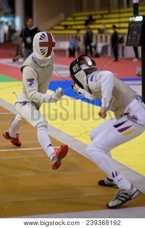 ST. PETERSBURG, RUSSIA - MAY 4, 2018: Peter Joppich, Germany vs Dominic De Almeida, Great Britain in first competition day of Fencing World Cup Saint-Petersburg Foil. Tournament is hold in 44th time