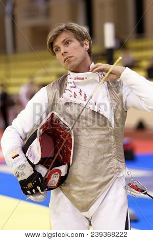 ST. PETERSBURG, RUSSIA - MAY 4, 2018: 5-time World Champion Peter Joppich, Germany in first competition day of Fencing World Cup Saint-Petersburg Foil. This annual tournament is hold in 44th time