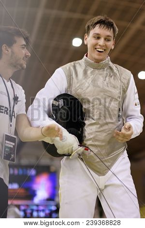 ST. PETERSBURG, RUSSIA - MAY 4, 2018: Luis Klein, Germany in first competition day of Fencing World Cup Saint-Petersburg Foil. This annual tournament is hold in 44th time