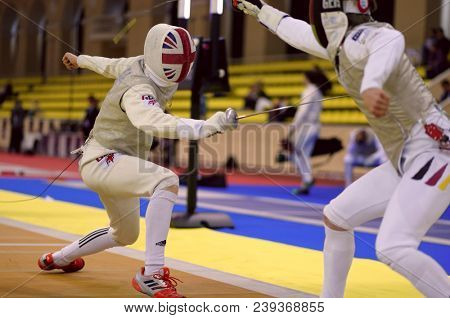 ST. PETERSBURG, RUSSIA - MAY 4, 2018: Peter Joppich, Germany vs Dominic De Almeida, Great Britain in first competition day of Fencing World Cup Saint-Petersburg Foil. Tournament is hold in 44th time