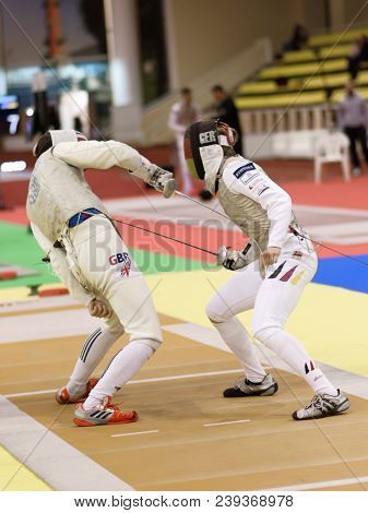 ST. PETERSBURG, RUSSIA - MAY 4, 2018: Peter Joppich, Germany vs Dominic De Almeida, Great Britain in first competition day of Fencing World Cup Saint-Petersburg Foil. Tournament is hold in 44th time