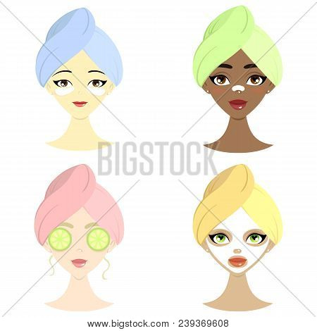 Spa Set Of Beautiful Women Of Different Nation With Mask, Hydrogel Eye Patch, Cucumber And Mask For 