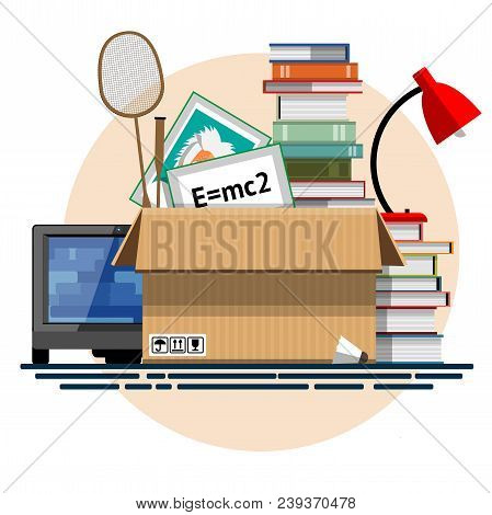 Illustration Of A Cardboard Box With Old Things In A Flat Style. Box With Old Stuff Vector. Monitor,