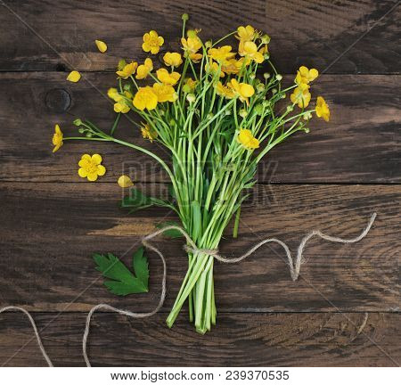Yellow Little Flowers Bouquet Gift Spring Time Rustic Wooden Background