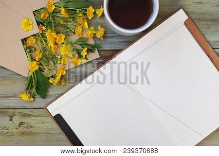 Yellow Little Flowers Tea Cup Notebook Envelope Rustic Wooden Background