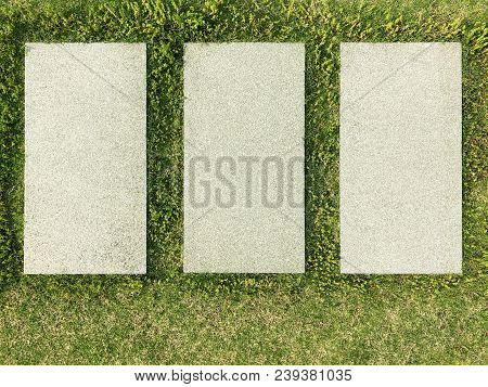 Stone Tiles Walkway Path On Fresh Cut Green Lawn. Top View. Texture