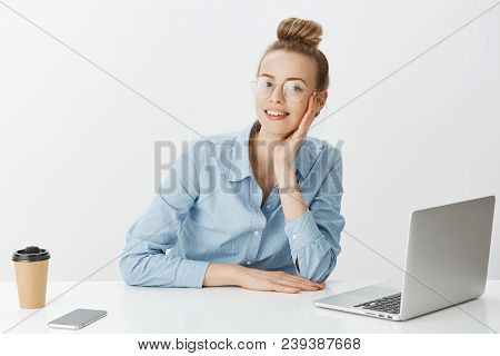 Casual Working Day In Office. Portrait Of Positive Good-looking Businesswoman In Glasses, Sitting Ne
