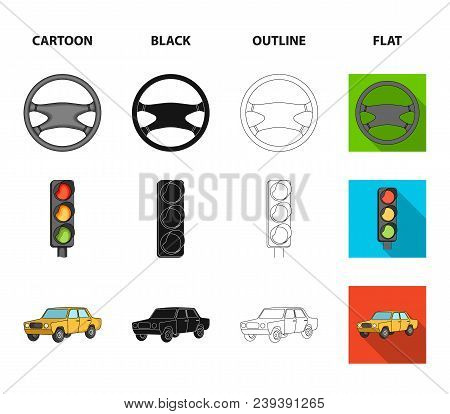 Traffic Light, Old Car, Battery, Wrench, Car Set Collection Icons In Cartoon, Black, Outline, Flat S