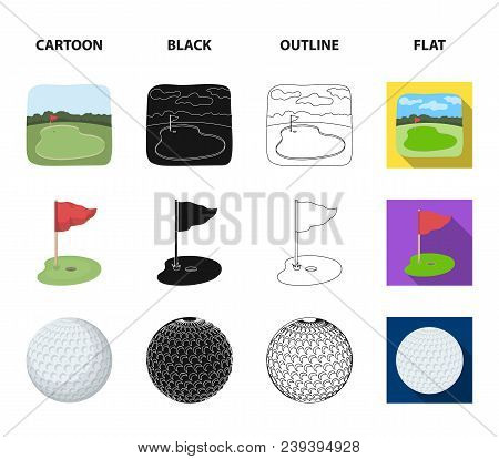 Field With A Hole And A Flag, A Golf Ball, A Golfer, An Electric Golf Cart.golf Club Set Collection 