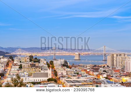 San Francisco downtown skyline Aerial view at sunset from Ina Coolbrith Park Hill in San Francisco, California, USA.