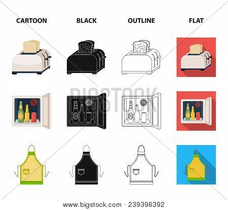 Kitchen Equipment Cartoon, Black, Outline, Flat Icons In Set Collection For Design. Kitchen And Acce
