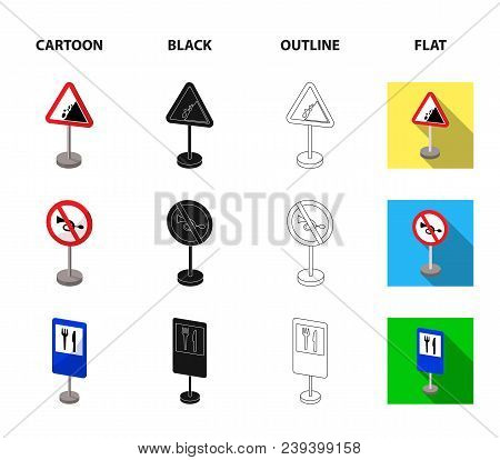 Different Types Of Road Signs Cartoon, Black, Outline, Flat Icons In Set Collection For Design. Warn