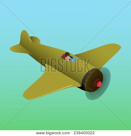 A Military Aircraft In The Air Is Controlled By A Pilot. The Old Plane Is Isometric And In Vector.