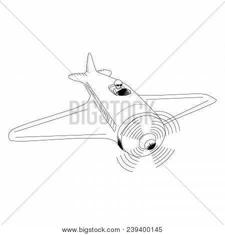 Sketch Of An Airplane With A Pilot In Flight. Assault Plane In Vector.