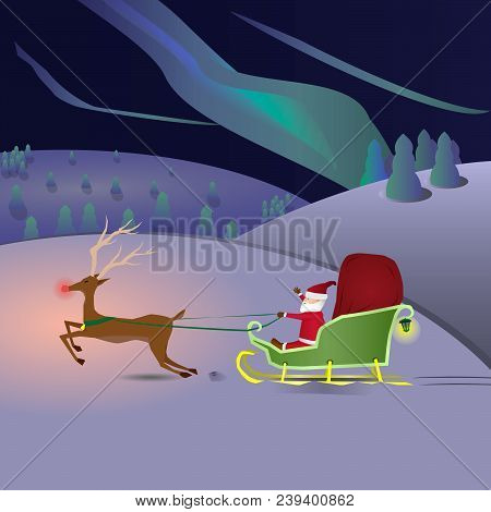 Santa Claus Rides The North Pole On A Sleigh With His Deer, Carries Gifts To Children.