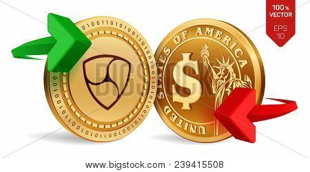Nem To Dollar Currency Exchange. Nem. Dollar Coin. Cryptocurrency. Golden Coins With Nem And Dollar 