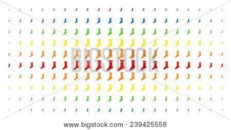 Sock Icon Rainbow Colored Halftone Pattern. Vector Sock Shapes Are Organized Into Halftone Matrix Wi