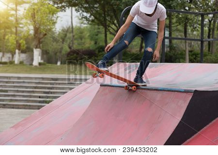 One Young Skateboarder Sakteboarding On Skatepark Ramp