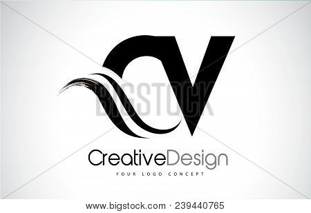 Cv C V Creative Modern Black Letters Logo Design With Brush Swoosh