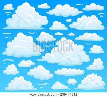 Cartoon Fluffy Cloud At Azure Skyscape. Heavenly Clouds On Blue Sky, Atmospheric Cloudscape Vintage 