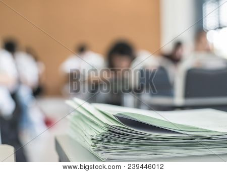 Exam Answer Sheet Or Application Paper Blurry View On Table In Examination Room With Blur Education 