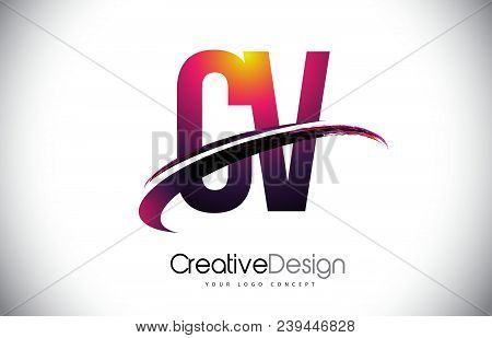 Cv C V Purple Letter Logo With Swoosh Design. Creative Magenta Modern Letters Vector Logo Illustrati