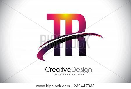Tr T R Purple Letter Logo With Swoosh Design. Creative Magenta Modern Letters Vector Logo Illustrati