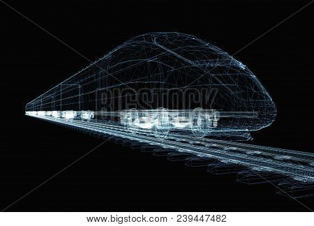 Abstract Polygonal High-speed Passenger Train. Traveling Concept. 3d Illustration On Black Backgroun