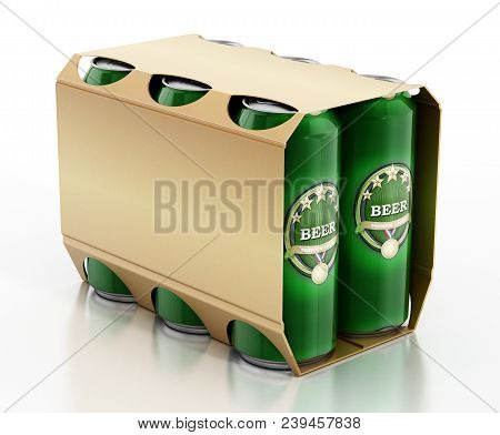 Metal Beer Cans In A 6 Pack Package. 3d Illustration.