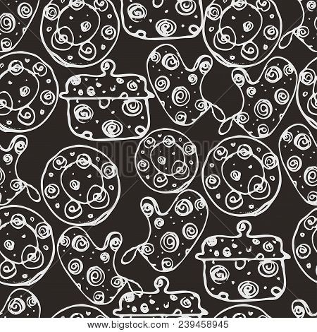 Seamless Pattern With Kitchen Tools : Plate, Cup, Pan. Hand Drawn Vector Ornament. For Menu Backgrou