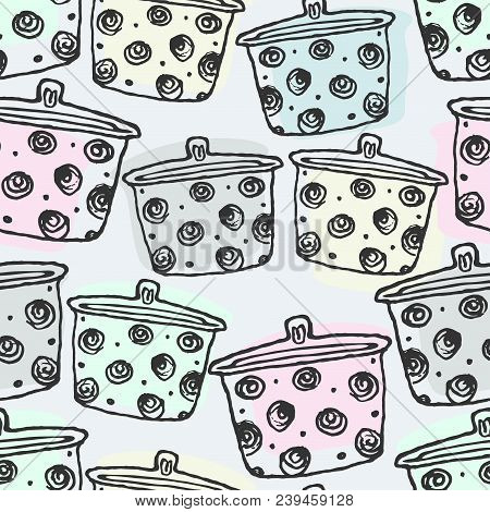 Seamless Pattern With Kitchen Pan. For Background Or Textile. Vector Hand Drawn Objects