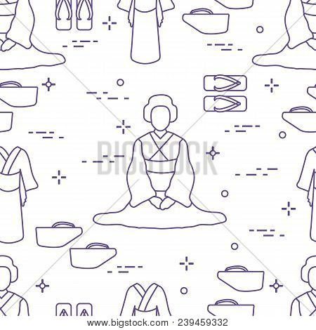 Seamless Pattern With Asian Woman, Traditional Japanese Clothing, Shoes. Travel And Leisure.
