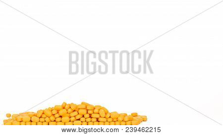 Pile Of Muscle Relaxant, Pain Relief Tablet Pills Isolated On White Background With Copy Space. Phar