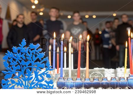 Chanukah Menorah Chanukiah. Close-up. On A Blurred Background.