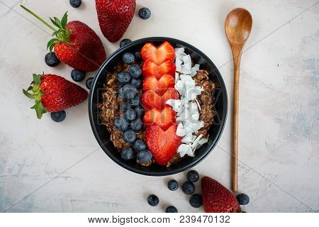 Chocolate Overnight Oats With Fresh Berries And Coconut, Vegan And Healthy Breakfast