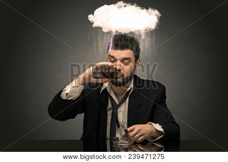 Young drunk disappointed man with hard time overcast concept