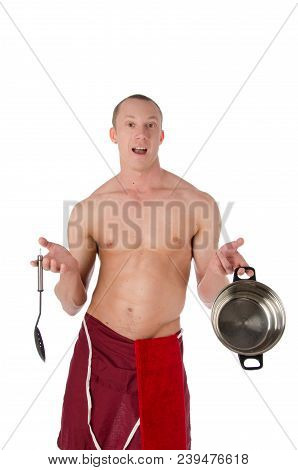 Young Sexy Cook Shirtless. Sexy Guy With No Shirt. Kitchen And Cook.