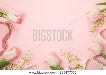 Flowers Composition. Frame Made Of Pink Flowers On White Background. Valentine's Day. Flat Lay, Top 