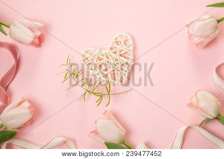 Flowers Composition. Frame Made Of Pink Flowers On White Background. Valentine's Day. Flat Lay, Top 