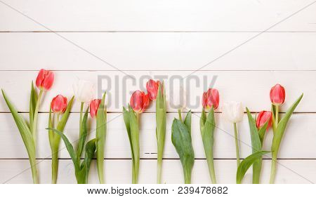 Flowers Composition. Frame Made Of Red Flowers On White Background. Valentine's Day. Flat Lay, Top V