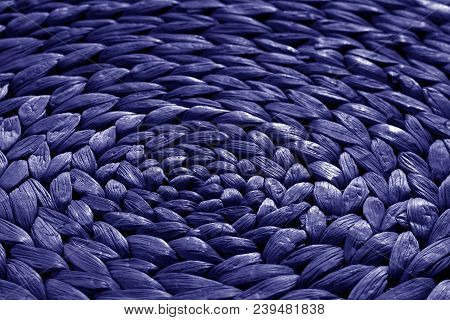 Round Straw Mat Texture In Blue Tone. Abstract Background And Texture For Design.
