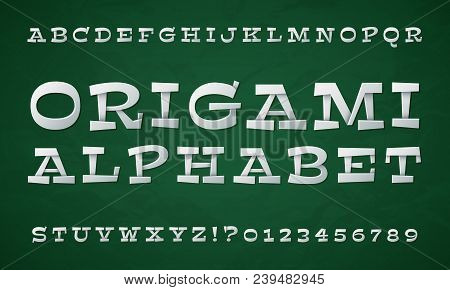 Cartoon Folded Type. White Paper Font. 3d Origami Letters And Numbers. Vector Retro Alphabet Paper F