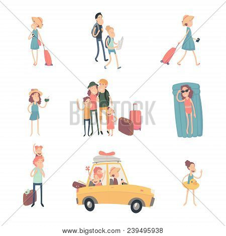 Vector Young People On Vacation With Suitcases, Studying The Map Of The Area, Photographed And Havin