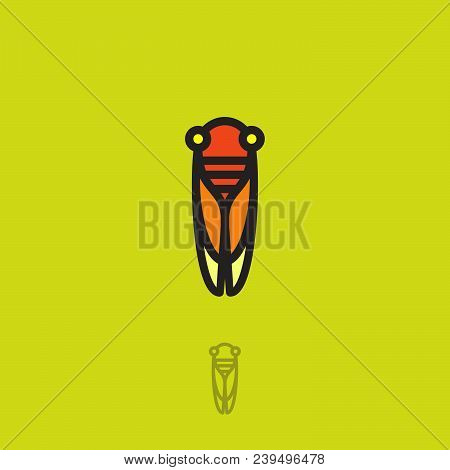 Cicada Flat Logo. Cicada Icon. Linear Logo. Yellow-orange Small Cicada On A Green-yellow Background.
