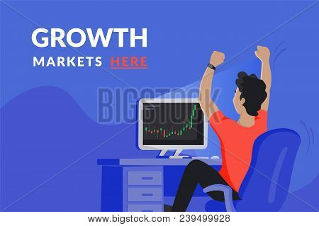 Happy Investor Sitting At His Home Workdesk And Looking At Computer Screen With Growing Market Graph