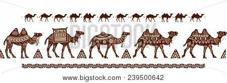 Camel Caravan Seamless Pattern With Ethnic Motifs Pattern Vector Brush